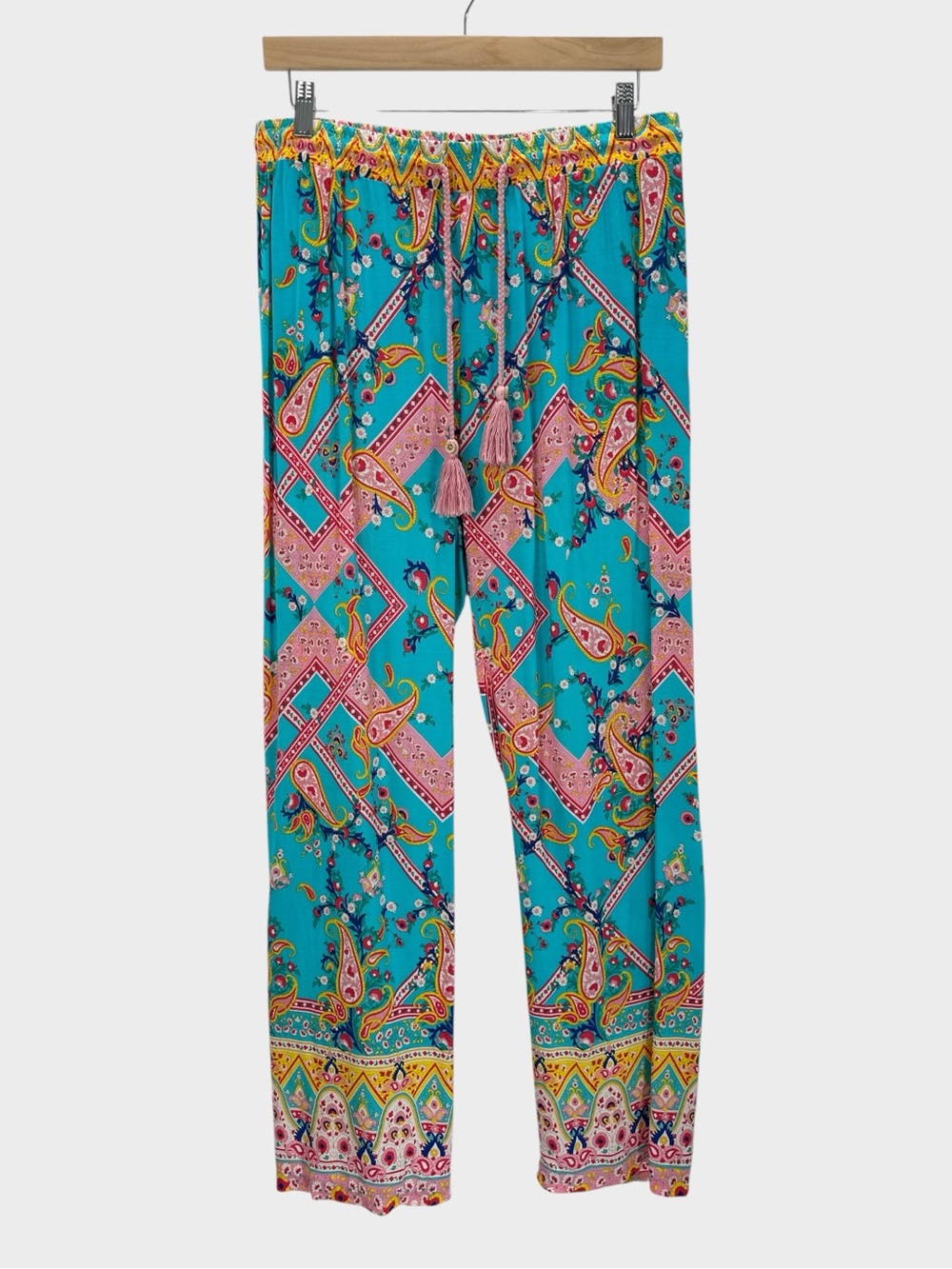 Paparazzi Paisley Pull‎ On Pants Tassel Tie Border Print Boho Resort Vacation L